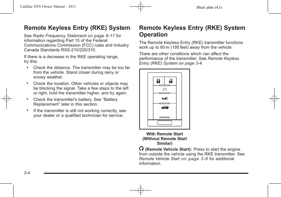 Remote keyless entry (rke) system, Remote keyless entry (rke) system operation, Operation -4 | Cadillac 2011 DTS User Manual | Page 106 / 464