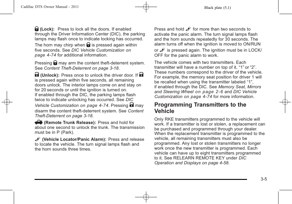 Programming transmitters to the vehicle | Cadillac 2011 DTS User Manual | Page 107 / 464