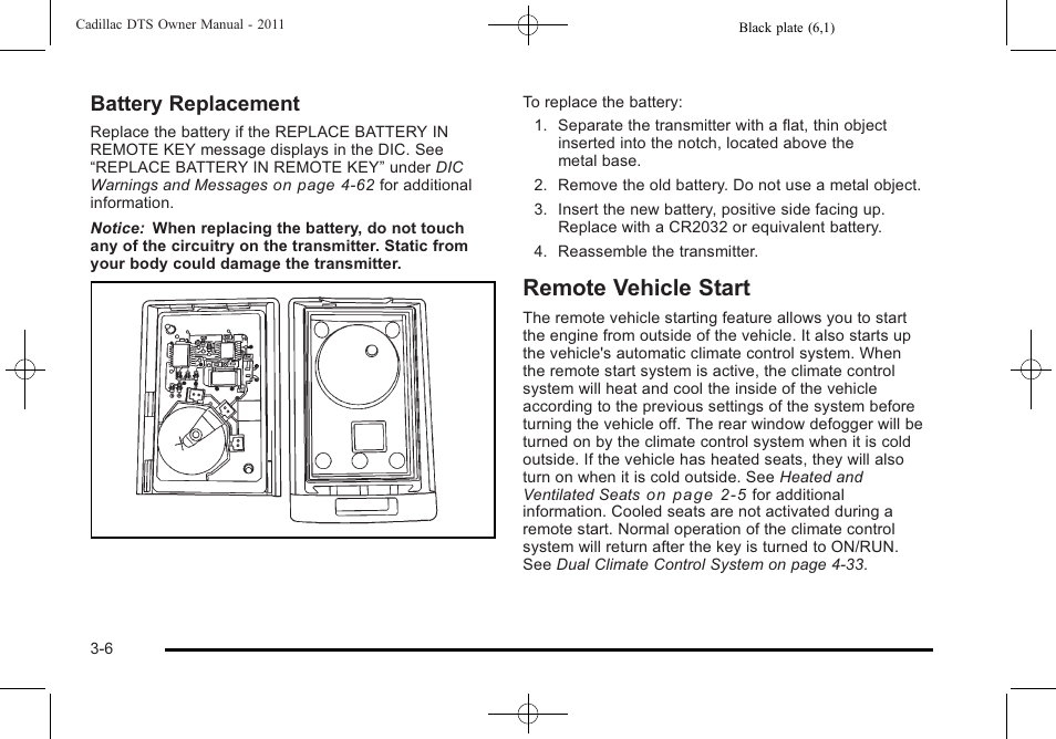 Remote vehicle start, Remote vehicle start -6, Battery replacement | Cadillac 2011 DTS User Manual | Page 108 / 464