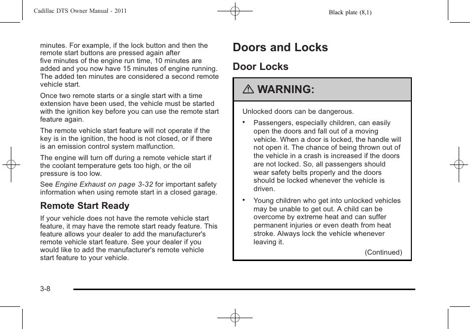 Doors and locks, Door locks, Doors and locks -8 | Door locks -8, Warning, Remote start ready | Cadillac 2011 DTS User Manual | Page 110 / 464