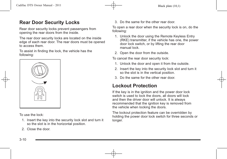 Rear door security locks, Lockout protection | Cadillac 2011 DTS User Manual | Page 112 / 464