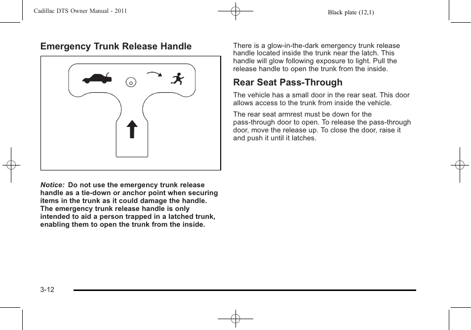 Emergency trunk release handle, Rear seat pass‐through | Cadillac 2011 DTS User Manual | Page 114 / 464