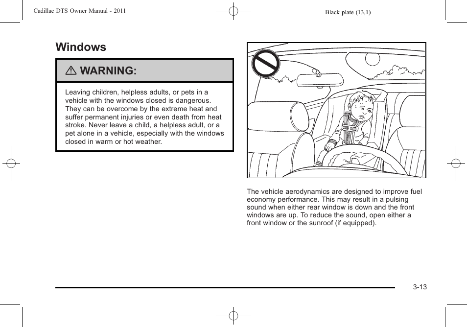 Windows, Windows -13, Warning | Cadillac 2011 DTS User Manual | Page 115 / 464