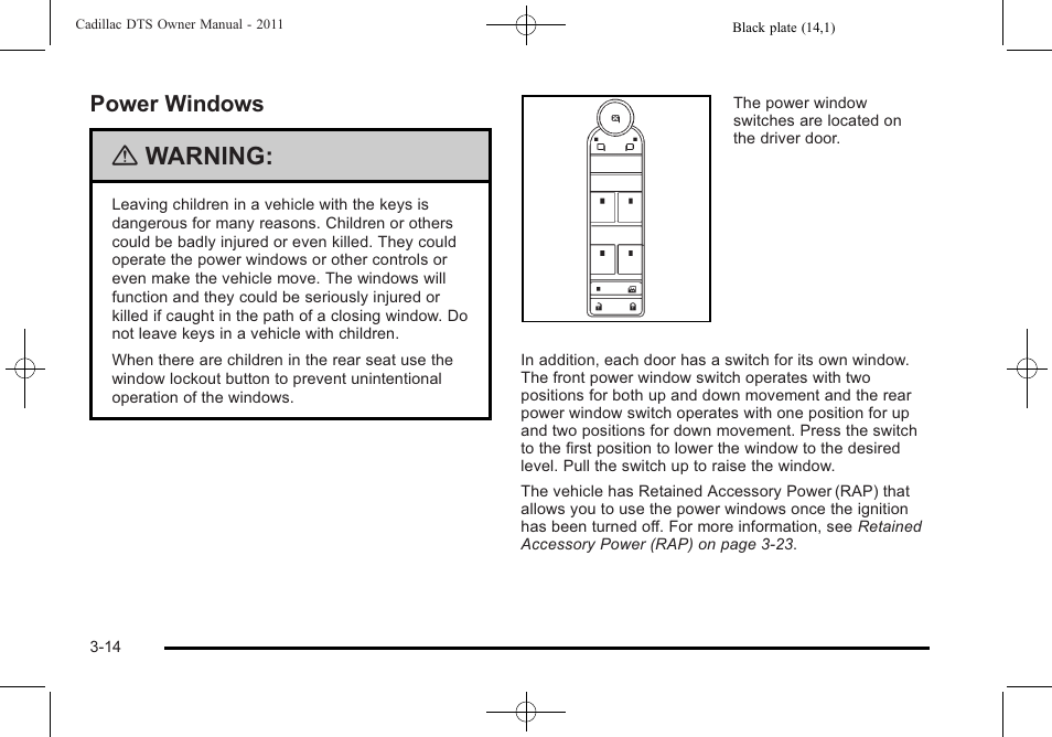 Power windows, Power windows -14, Mirrors | Warning | Cadillac 2011 DTS User Manual | Page 116 / 464
