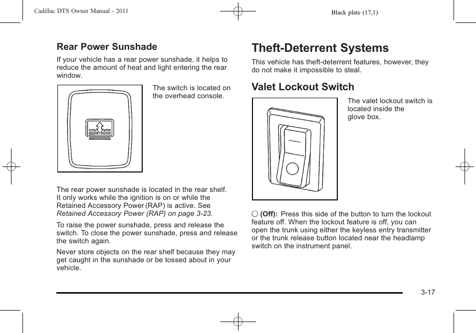 Theft-deterrent systems, Valet lockout switch, Theft-deterrent systems -17 | Valet lockout switch -17, Rear power sunshade | Cadillac 2011 DTS User Manual | Page 119 / 464