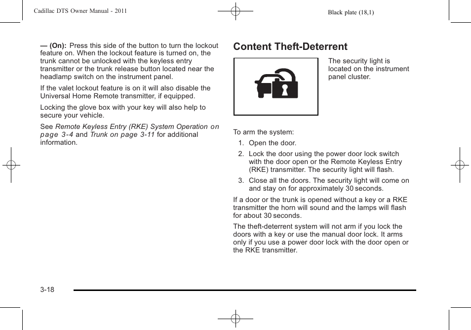 Content theft-deterrent, Content theft-deterrent -18 | Cadillac 2011 DTS User Manual | Page 120 / 464