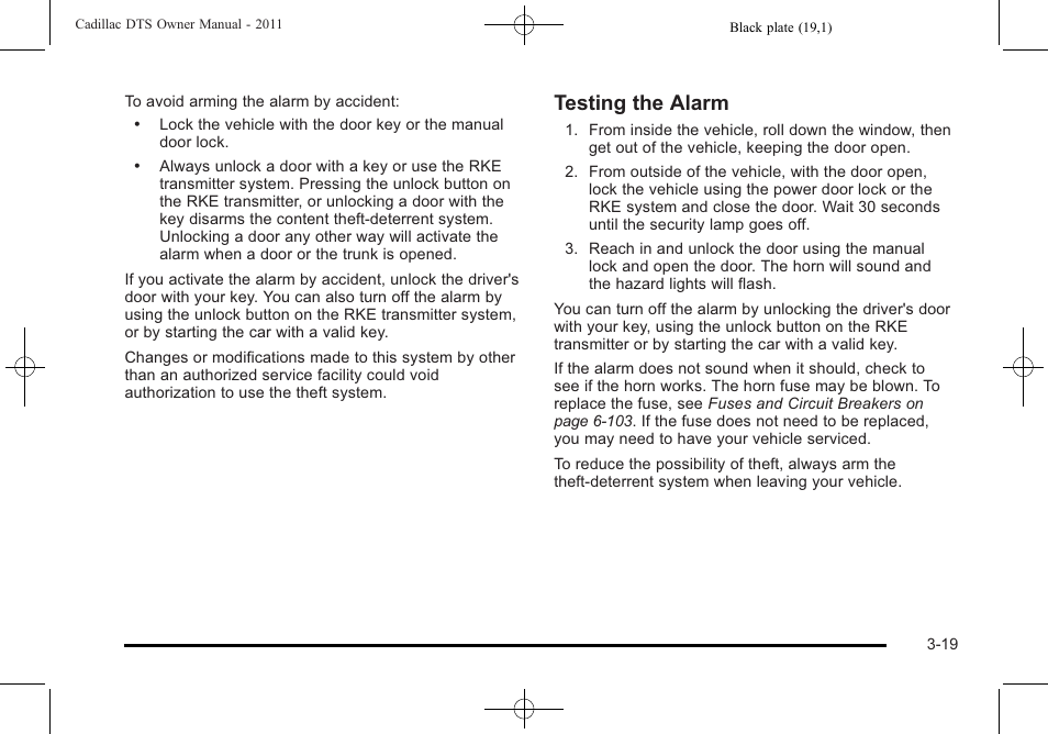 Testing the alarm | Cadillac 2011 DTS User Manual | Page 121 / 464