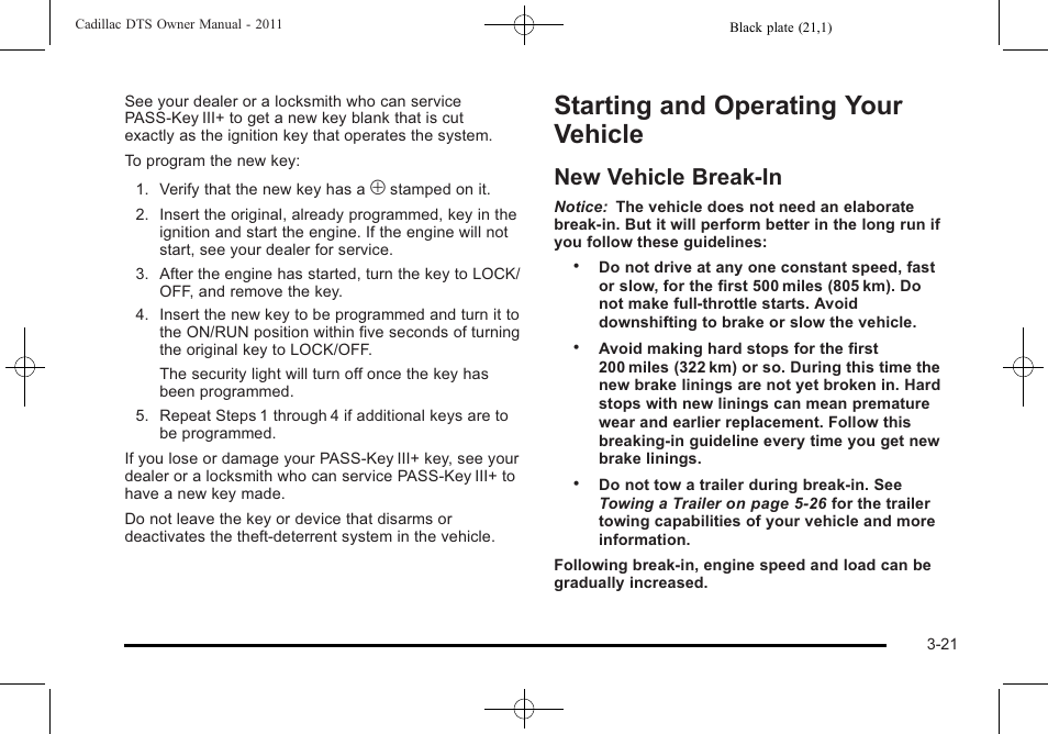 Starting and operating your vehicle, New vehicle break-in, Starting and operating your vehicle -21 | New vehicle break-in -21 | Cadillac 2011 DTS User Manual | Page 123 / 464