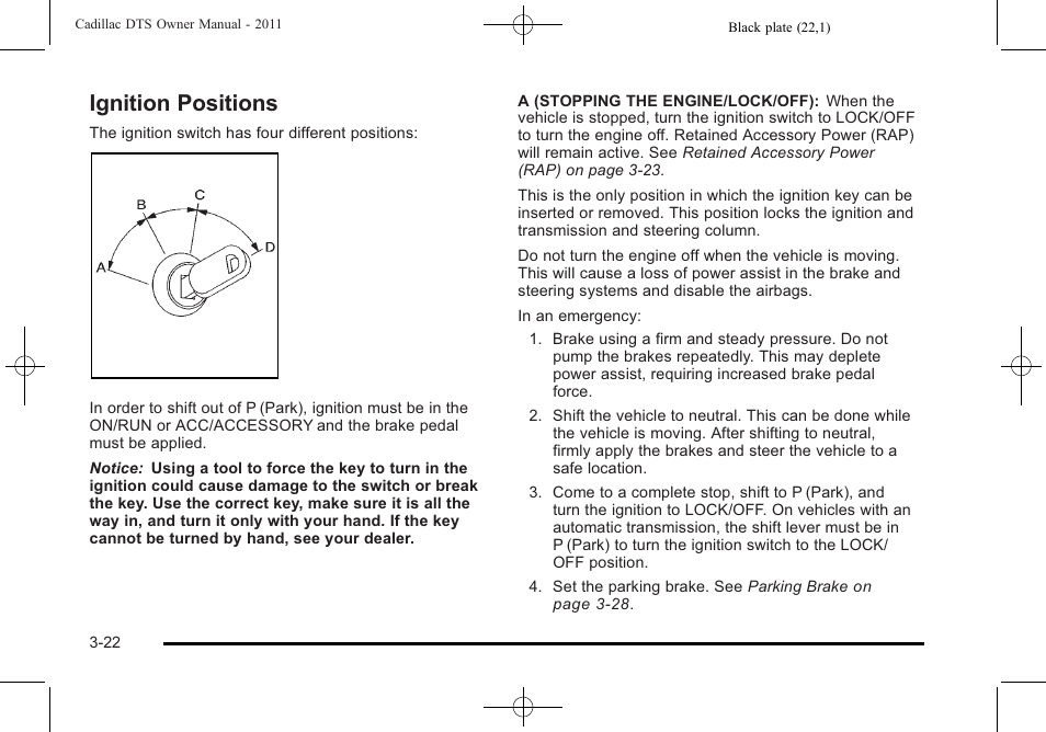 Ignition positions, Ignition positions -22 | Cadillac 2011 DTS User Manual | Page 124 / 464