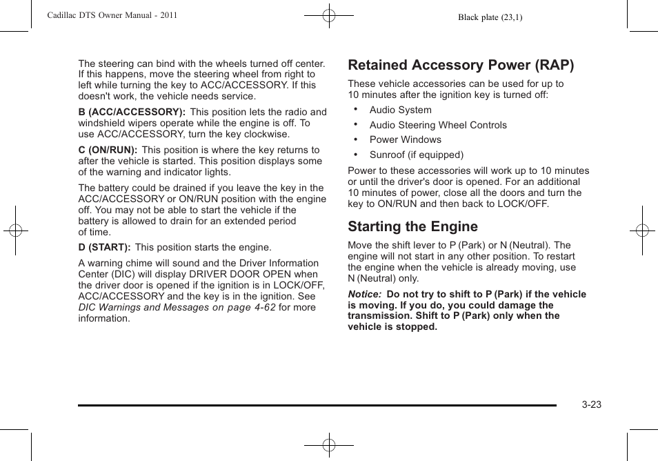 Retained accessory power (rap), Starting the engine | Cadillac 2011 DTS User Manual | Page 125 / 464