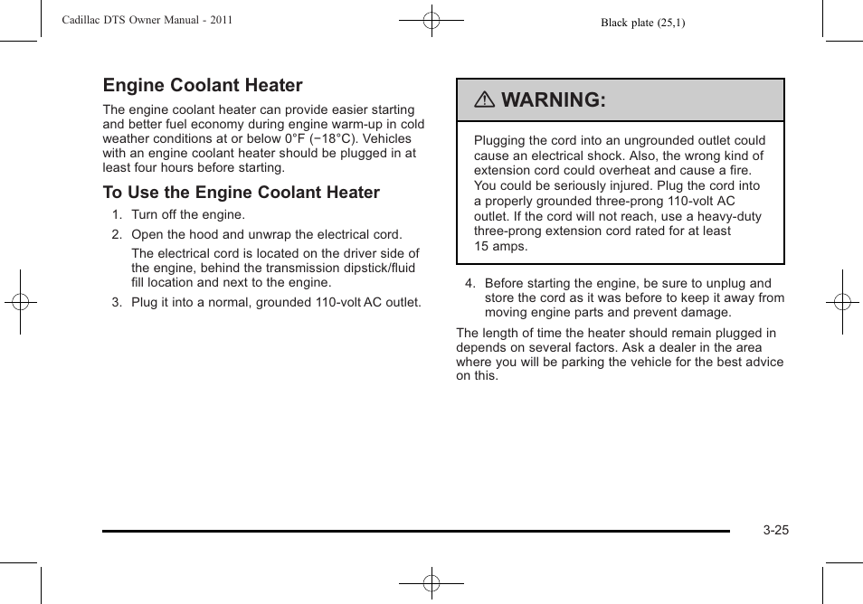 Engine coolant heater, Engine coolant heater -25, Warning | Cadillac 2011 DTS User Manual | Page 127 / 464