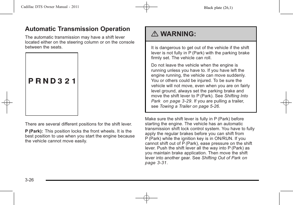 Automatic transmission operation, Automatic transmission operation -26, Warning | Cadillac 2011 DTS User Manual | Page 128 / 464