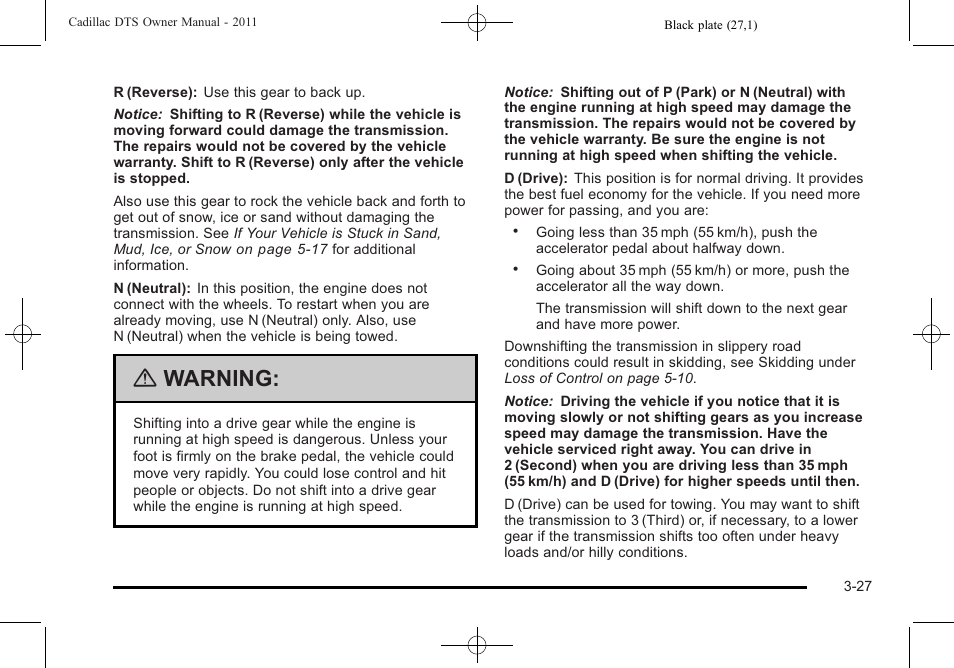 Warning | Cadillac 2011 DTS User Manual | Page 129 / 464