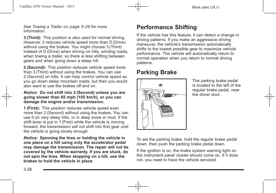 Performance shifting, Parking brake, Performance shifting -28 parking brake -28 | Cadillac 2011 DTS User Manual | Page 130 / 464