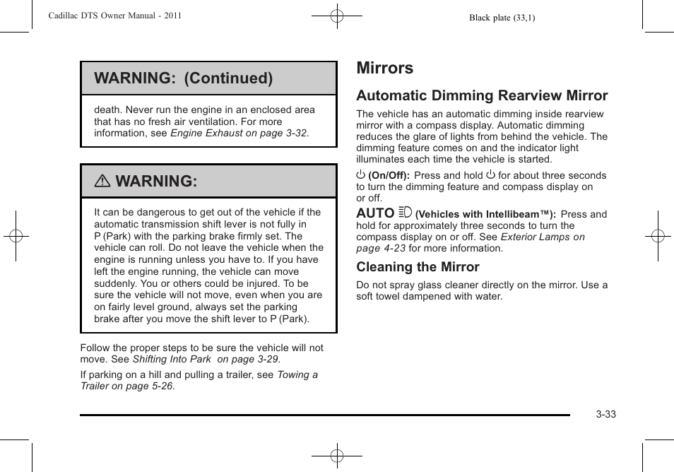 Mirrors, Automatic dimming rearview mirror, Mirrors -33 | Automatic dimming rearview mirror -33, Warning: (continued), Warning | Cadillac 2011 DTS User Manual | Page 135 / 464