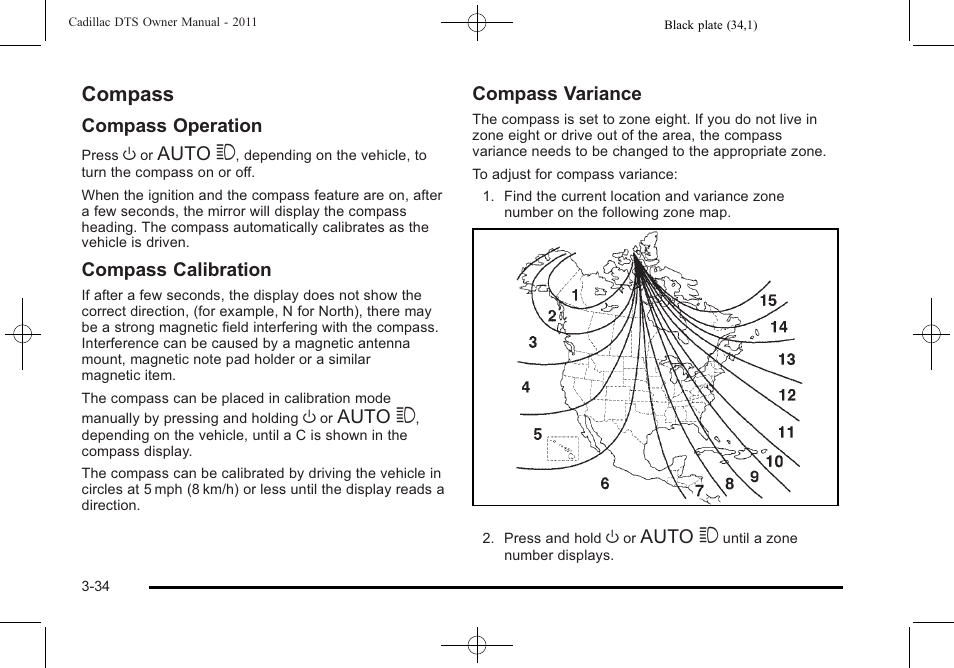 Compass, Compass -34, Compass operation | Auto 3, Compass calibration, Compass variance | Cadillac 2011 DTS User Manual | Page 136 / 464