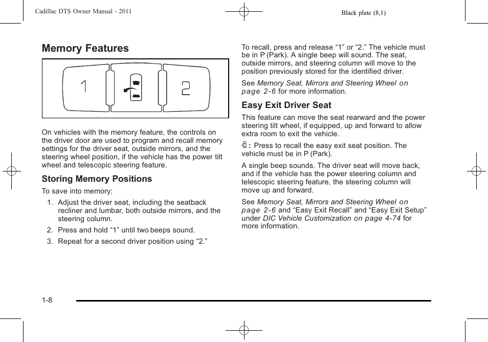 Memory features, Memory features -8 | Cadillac 2011 DTS User Manual | Page 14 / 464