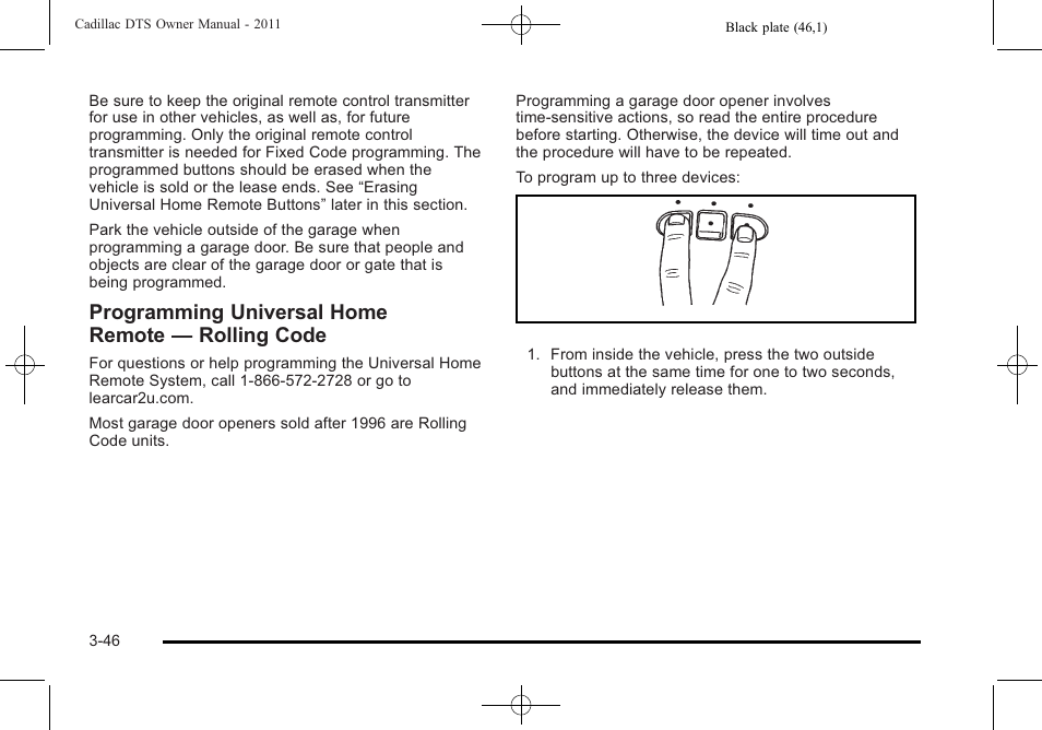 Programming universal home remote — rolling code | Cadillac 2011 DTS User Manual | Page 148 / 464