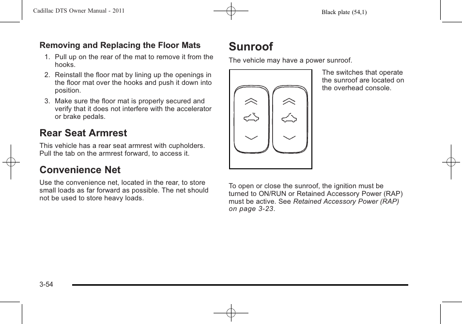 Rear seat armrest, Convenience net, Sunroof | Sunroof -54, Armrest -54 convenience net -54 | Cadillac 2011 DTS User Manual | Page 156 / 464