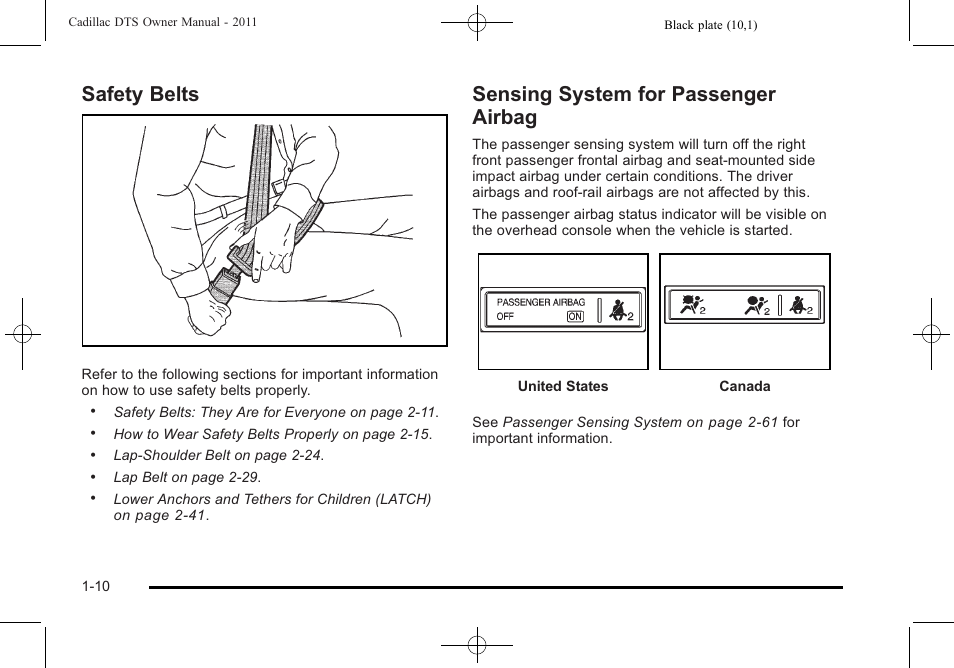 Safety belts, Sensing system for passenger airbag | Cadillac 2011 DTS User Manual | Page 16 / 464
