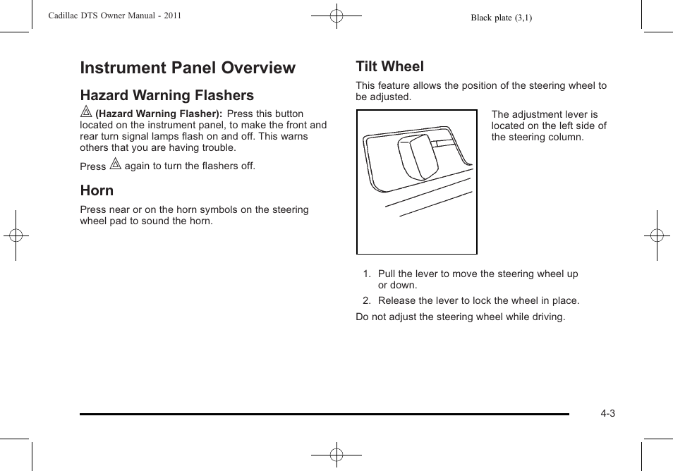 Instrument panel overview, Hazard warning flashers, Horn | Tilt wheel, Panel overview -3, Instrument panel overview -3, Hazard warning flashers -3 horn -3 tilt wheel -3 | Cadillac 2011 DTS User Manual | Page 161 / 464