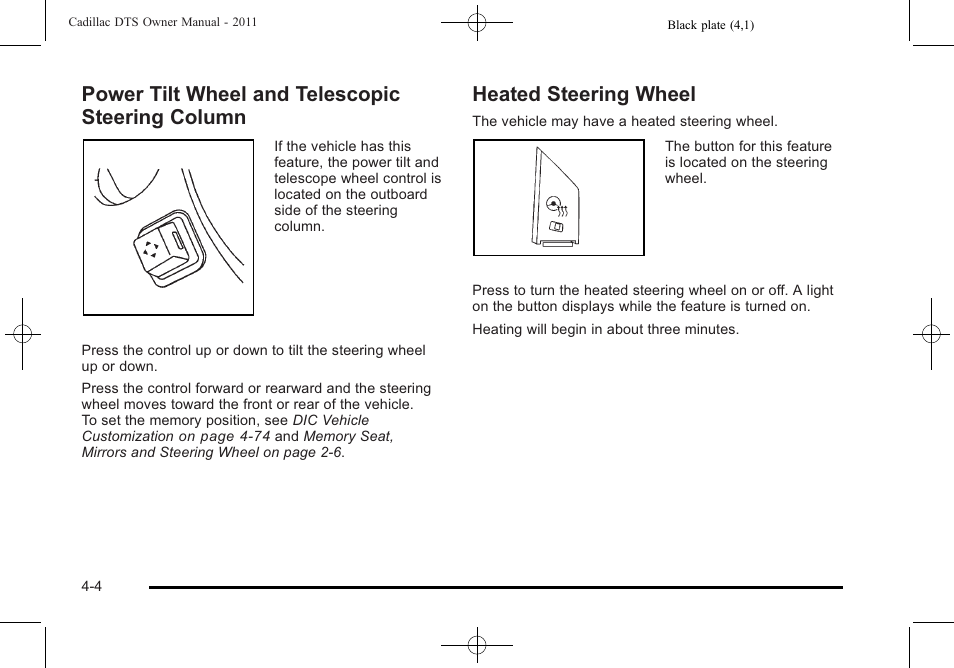 Power tilt wheel and telescopic steering column, Heated steering wheel, Power tilt wheel and telescopic steering | Column -4, Heated steering wheel -4 | Cadillac 2011 DTS User Manual | Page 162 / 464