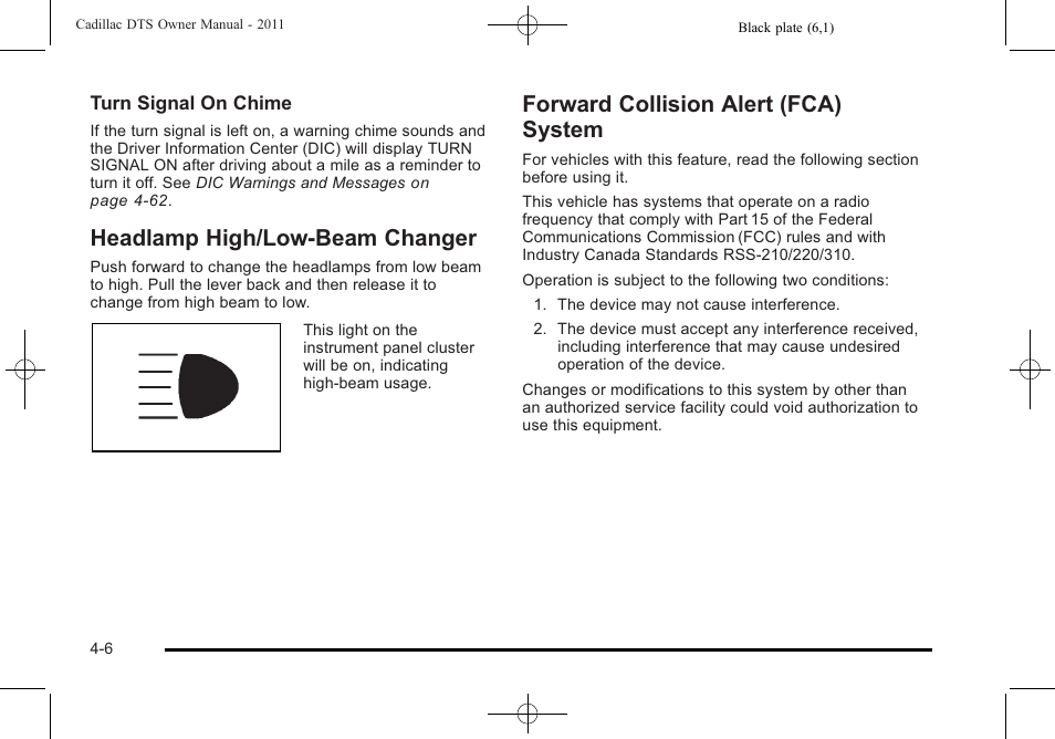 Headlamp high/low-beam changer, Forward collision alert (fca) system | Cadillac 2011 DTS User Manual | Page 164 / 464