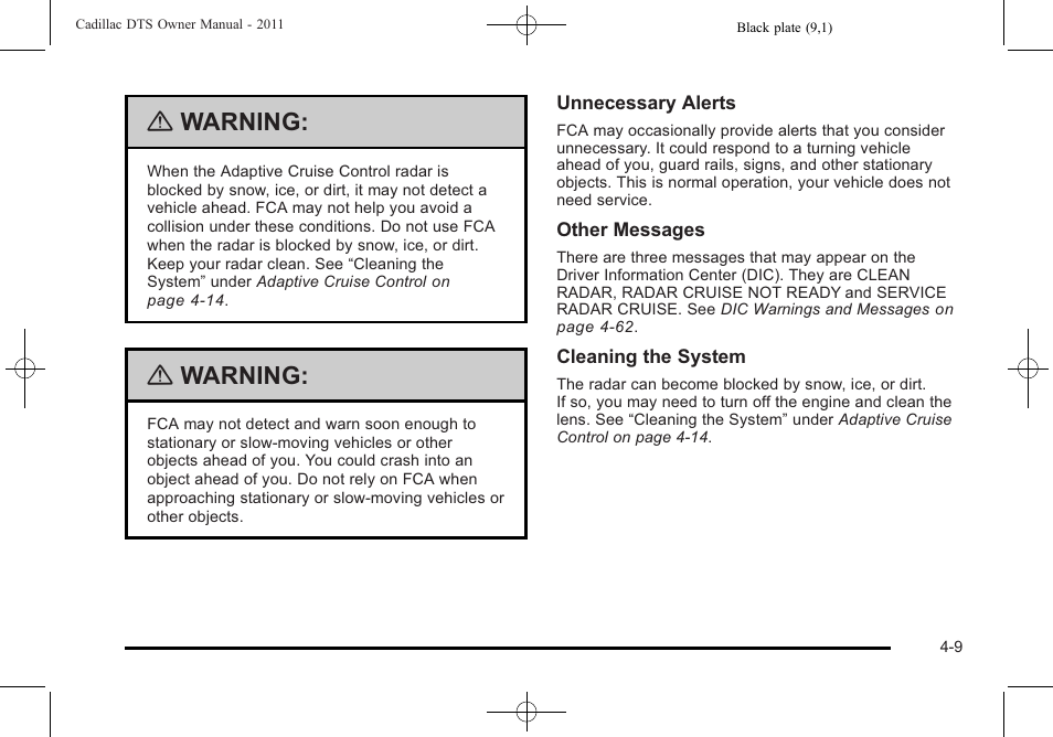 Warning | Cadillac 2011 DTS User Manual | Page 167 / 464