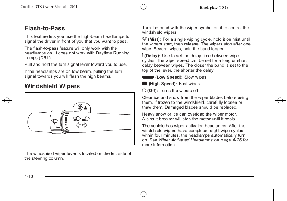 Flash-to-pass, Windshield wipers, Flash-to-pass -10 windshield wipers -10 | Cadillac 2011 DTS User Manual | Page 168 / 464