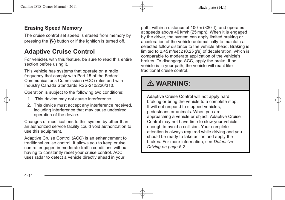 Adaptive cruise control, Adaptive cruise control -14, Warning | Cadillac 2011 DTS User Manual | Page 172 / 464