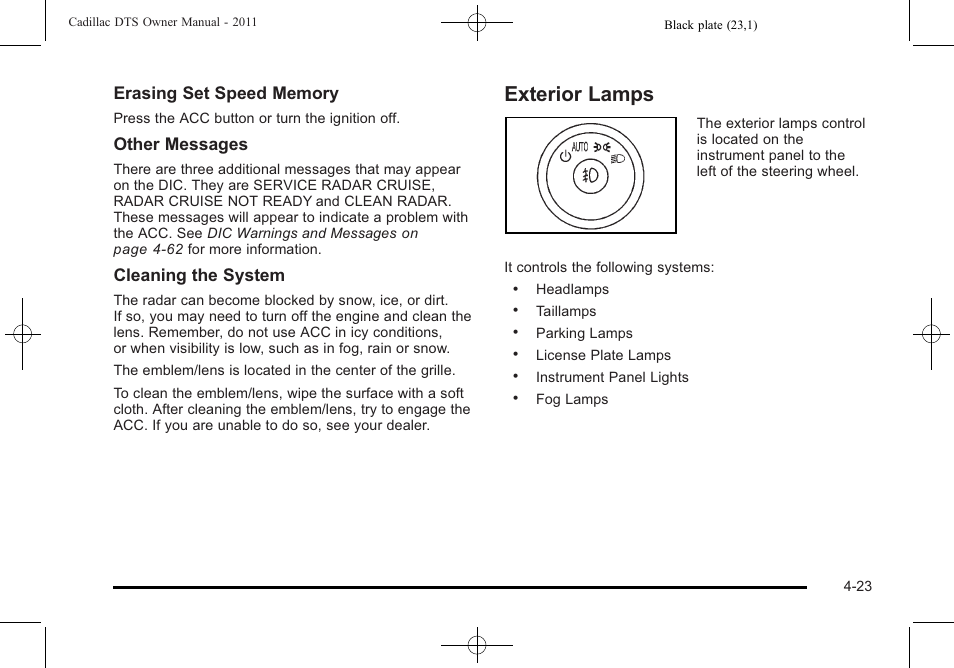 Exterior lamps, Exterior lamps -23, Other messages | Cleaning the system | Cadillac 2011 DTS User Manual | Page 181 / 464