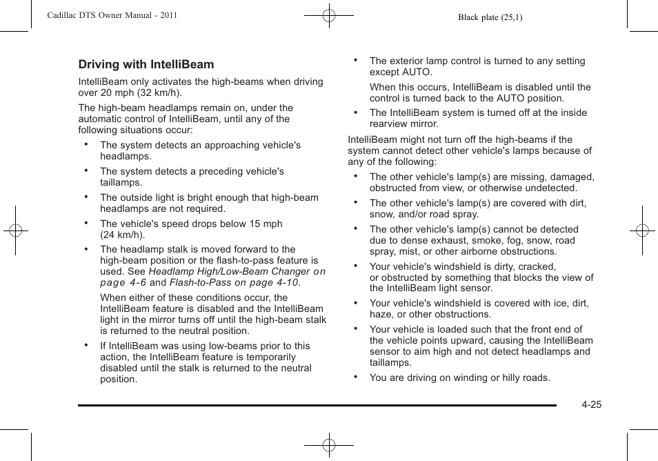 Driving with intellibeam | Cadillac 2011 DTS User Manual | Page 183 / 464