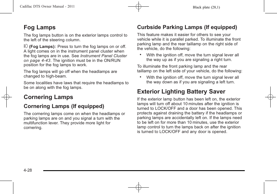 Fog lamps, Cornering lamps, Exterior lighting battery saver | Cornering lamps (if equipped), Curbside parking lamps (if equipped) | Cadillac 2011 DTS User Manual | Page 186 / 464