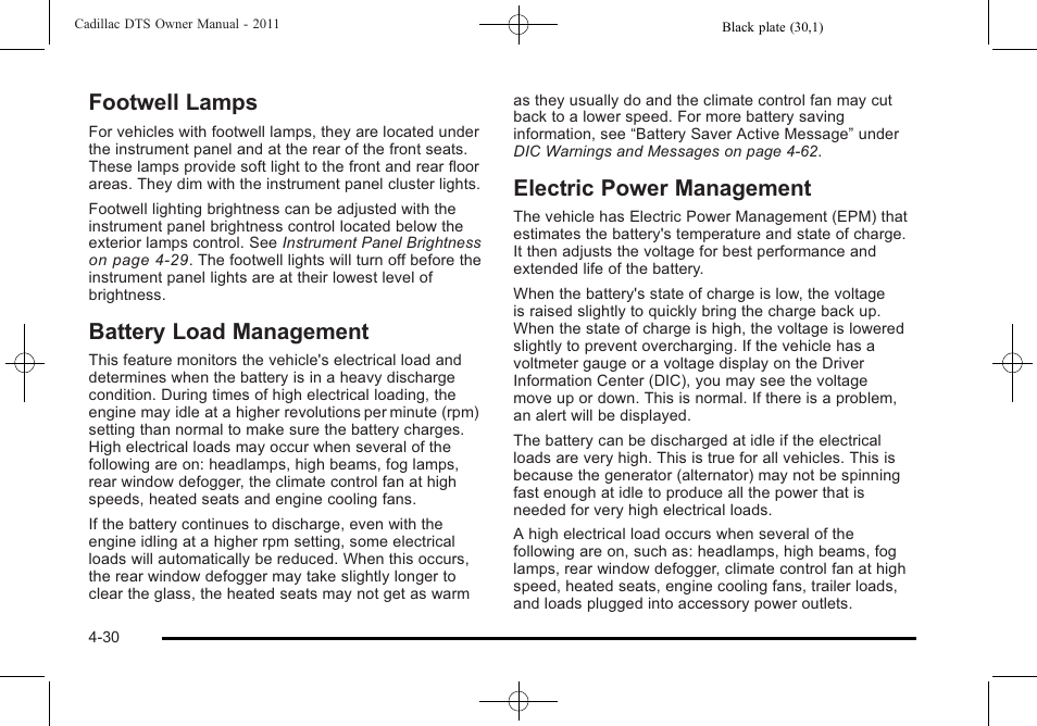 Footwell lamps, Battery load management, Electric power management | Cadillac 2011 DTS User Manual | Page 188 / 464