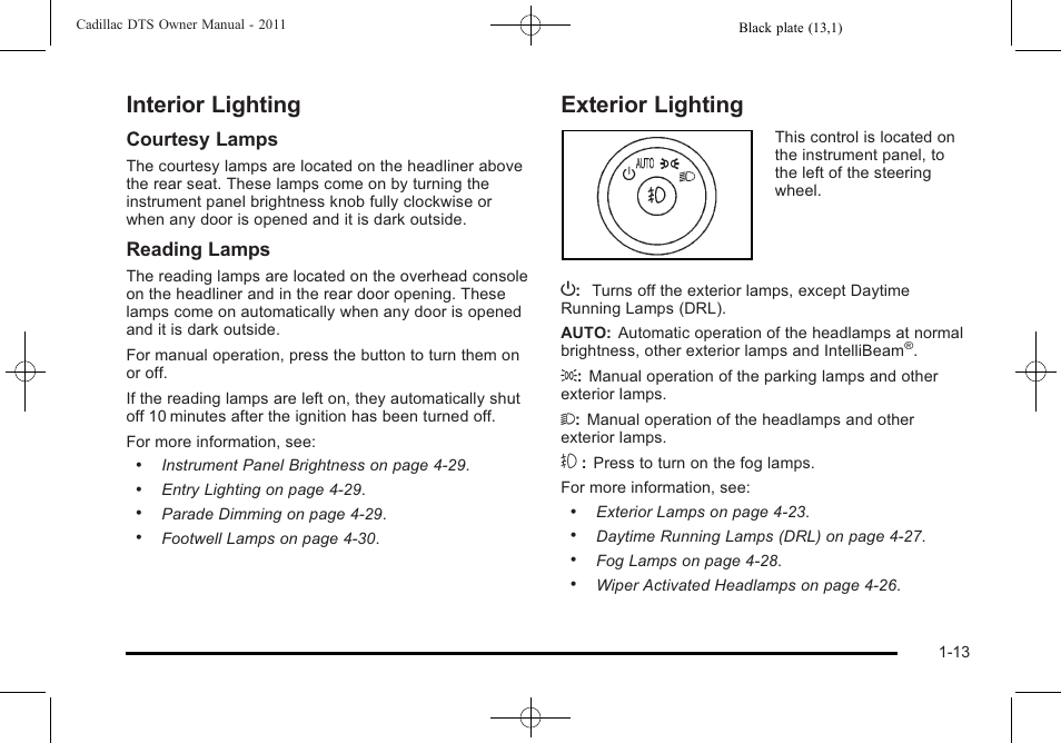 Interior lighting, Exterior lighting, Interior lighting -13 exterior lighting -13 | Courtesy lamps, Reading lamps | Cadillac 2011 DTS User Manual | Page 19 / 464