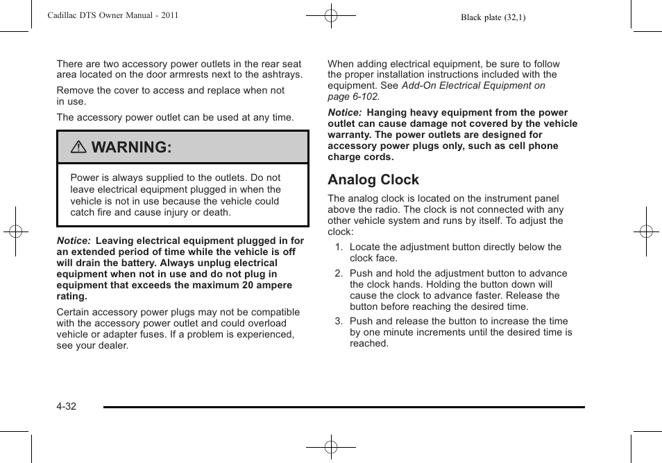 Analog clock, Analog clock -32, Warning | Cadillac 2011 DTS User Manual | Page 190 / 464