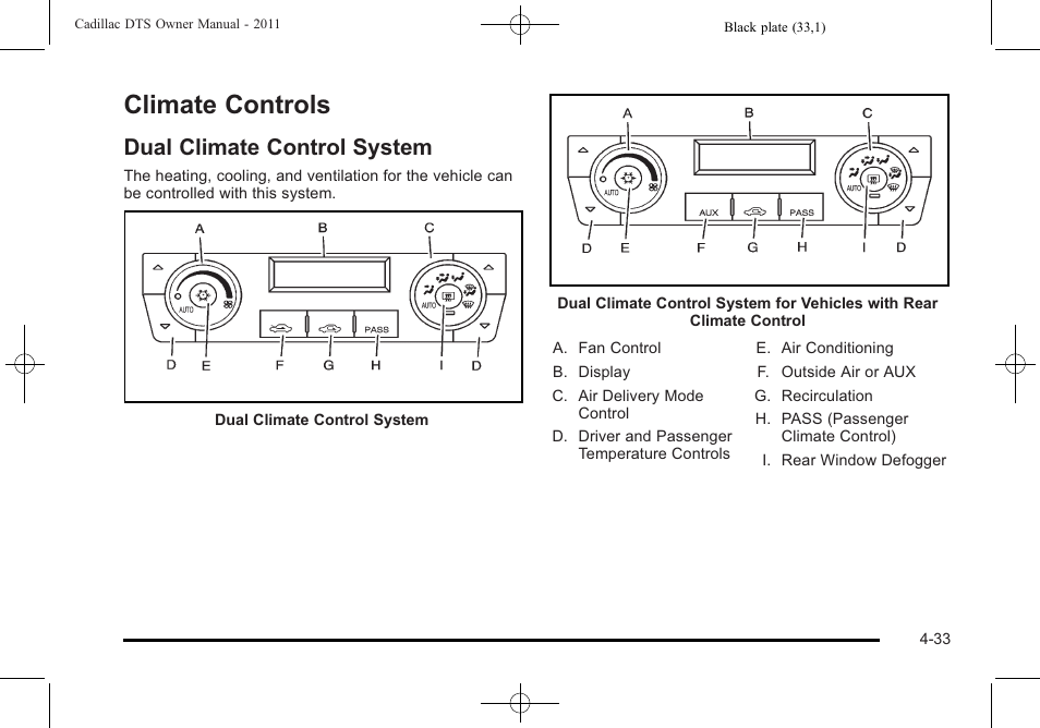 Climate controls, Dual climate control system, Climate controls -33 | Dual climate control system -33 | Cadillac 2011 DTS User Manual | Page 191 / 464