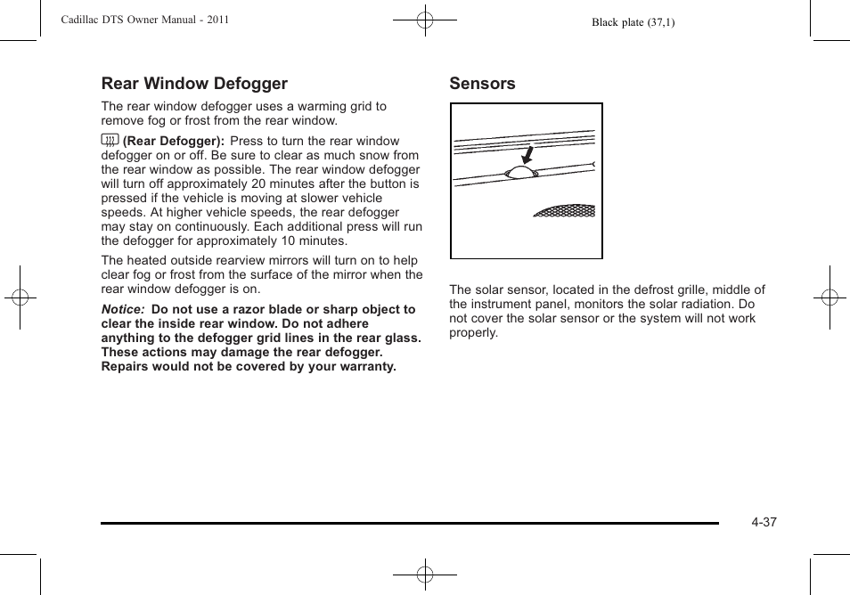 Rear window defogger, Sensors | Cadillac 2011 DTS User Manual | Page 195 / 464