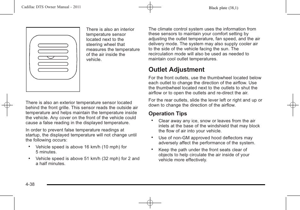 Outlet adjustment, Outlet adjustment -38, Operation tips | Cadillac 2011 DTS User Manual | Page 196 / 464