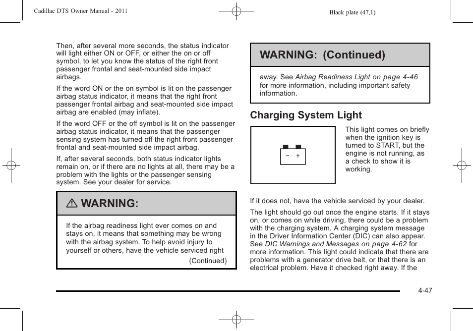 Charging system light, Charging system light -47, Warning | Warning: (continued) | Cadillac 2011 DTS User Manual | Page 205 / 464