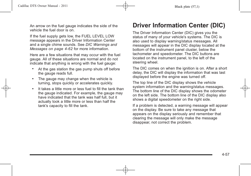 Driver information center (dic), Driver information center (dic) -57 | Cadillac 2011 DTS User Manual | Page 215 / 464