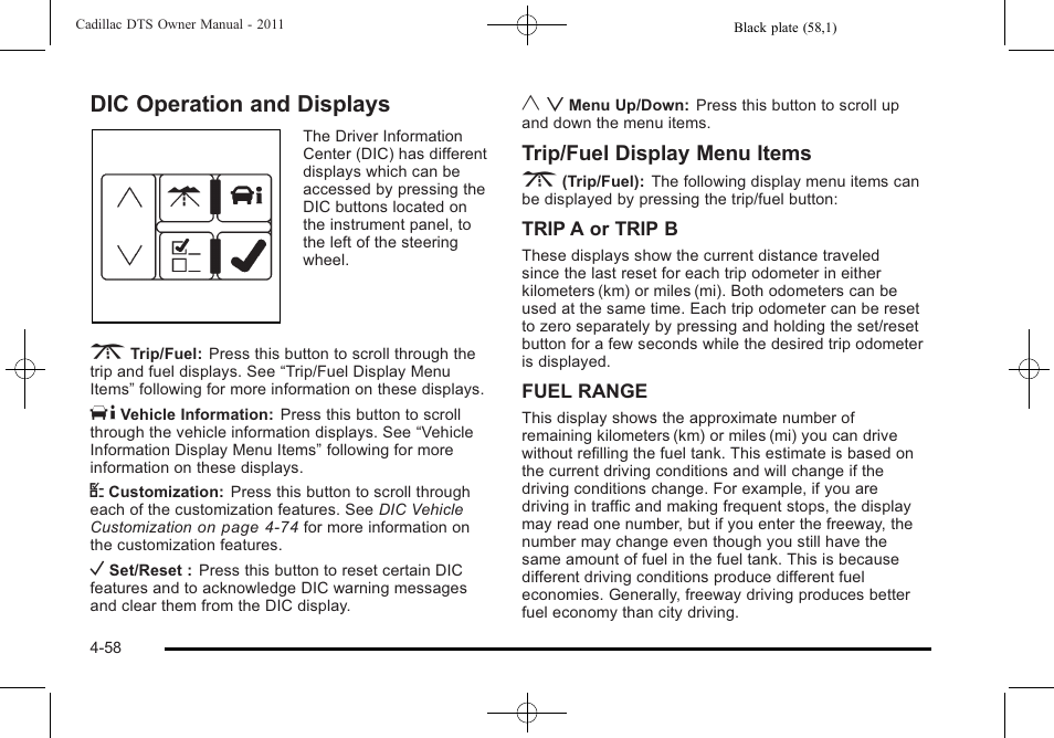 Dic operation and displays, Dic operation and displays -58, Trip/fuel display menu items 3 | Cadillac 2011 DTS User Manual | Page 216 / 464