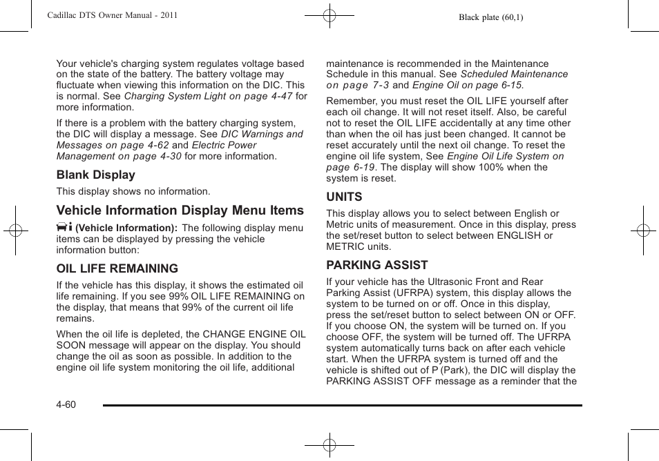 Vehicle information display menu items t | Cadillac 2011 DTS User Manual | Page 218 / 464