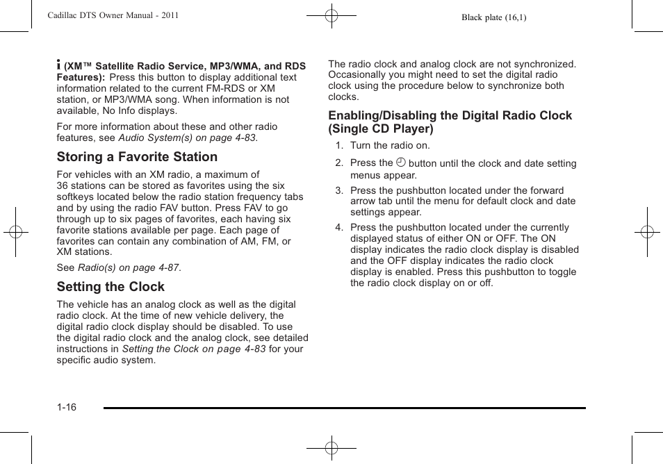 Storing a favorite station, Setting the clock | Cadillac 2011 DTS User Manual | Page 22 / 464