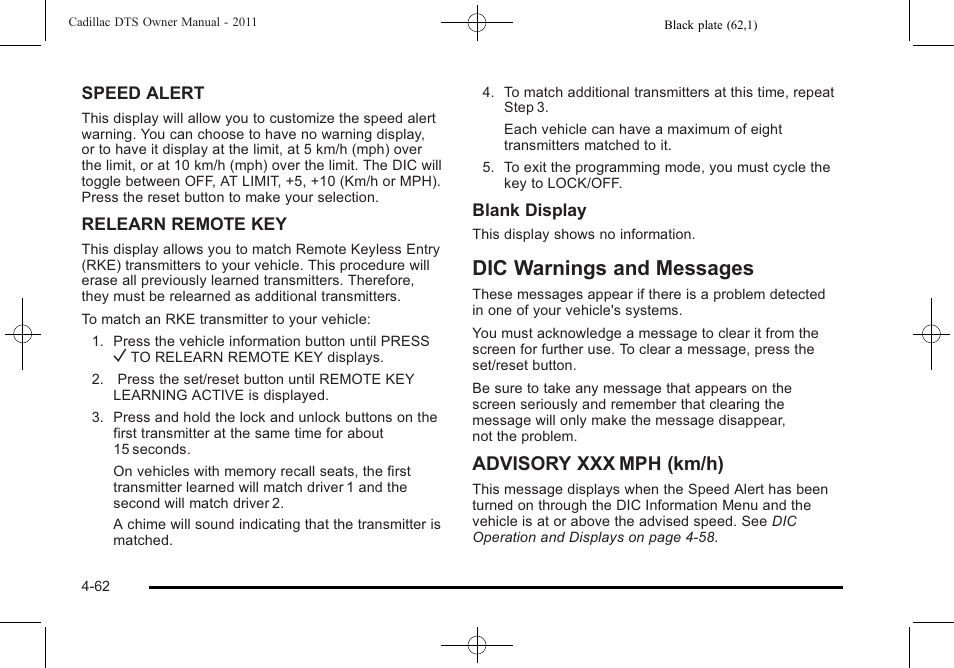 Dic warnings and messages, Dic warnings and messages -62, Advisory xxx mph (km/h) | Cadillac 2011 DTS User Manual | Page 220 / 464