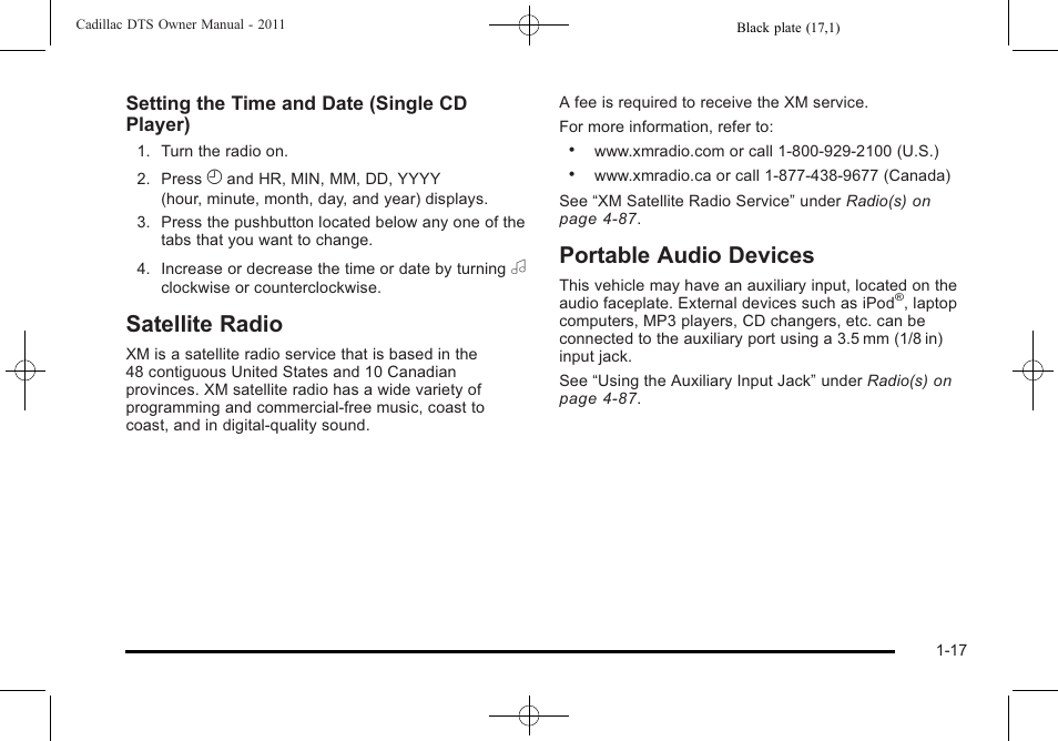 Satellite radio, Portable audio devices, Satellite radio -17 portable audio devices -17 | Cadillac 2011 DTS User Manual | Page 23 / 464