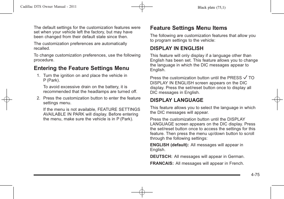 Entering the feature settings menu, Feature settings menu items | Cadillac 2011 DTS User Manual | Page 233 / 464