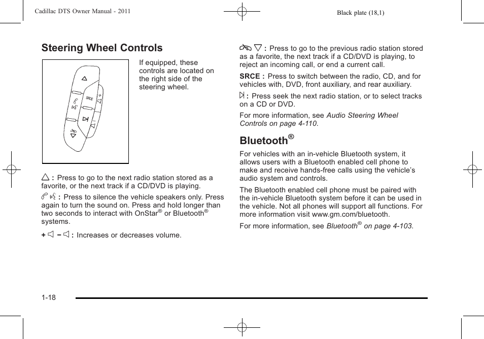 Steering wheel controls, Bluetooth, Steering wheel controls -18 bluetooth | Cadillac 2011 DTS User Manual | Page 24 / 464