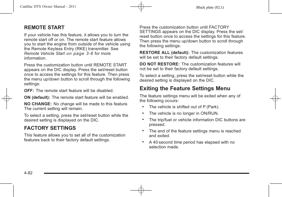 Exiting the feature settings menu, Remote start, Factory settings | Cadillac 2011 DTS User Manual | Page 240 / 464