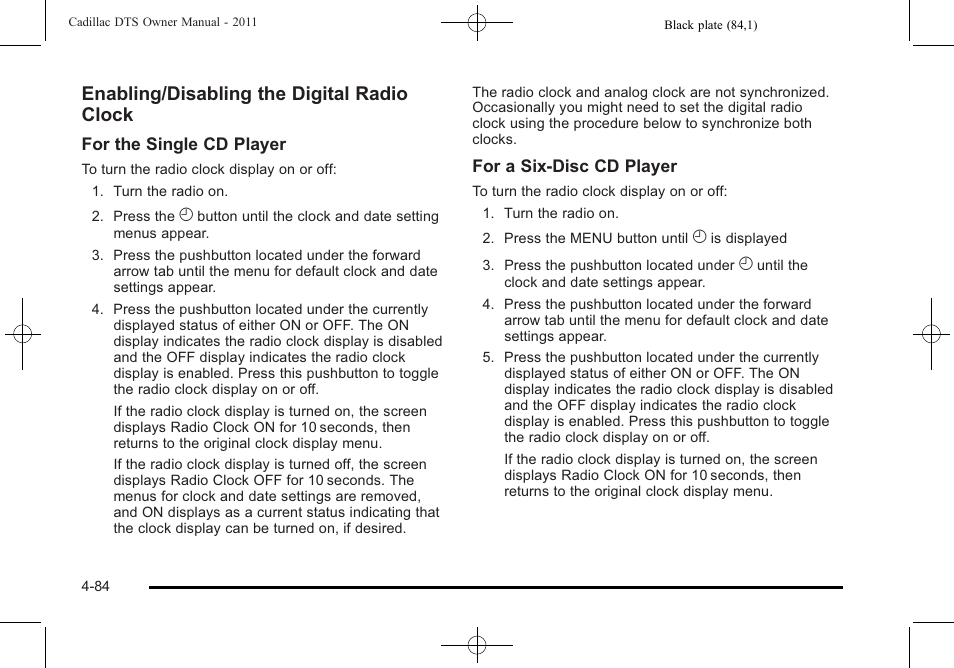 Enabling/disabling the digital radio clock | Cadillac 2011 DTS User Manual | Page 242 / 464